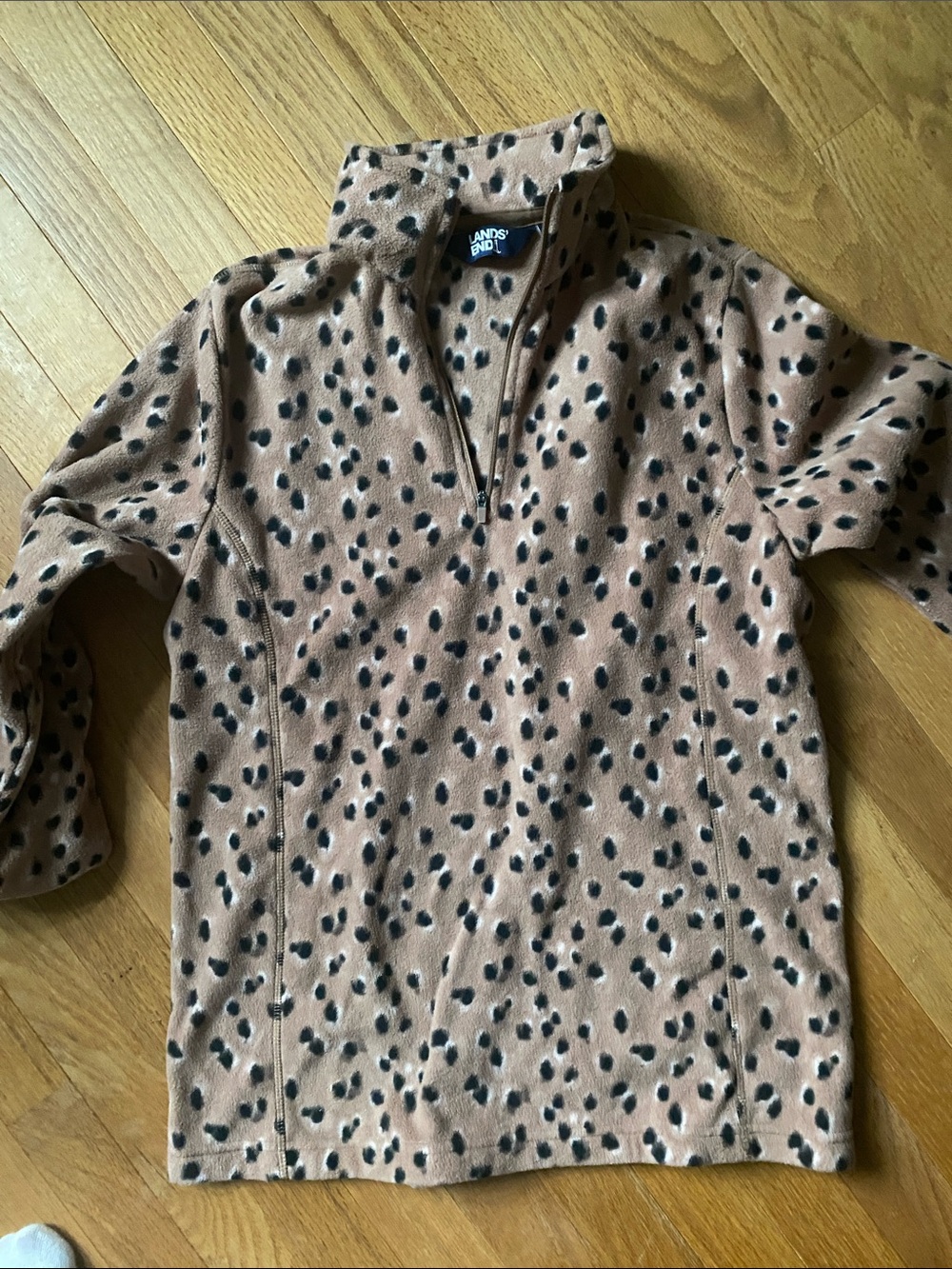 Lands' End Women's Tan Fleece Quarter-Zip with Black Spot Print